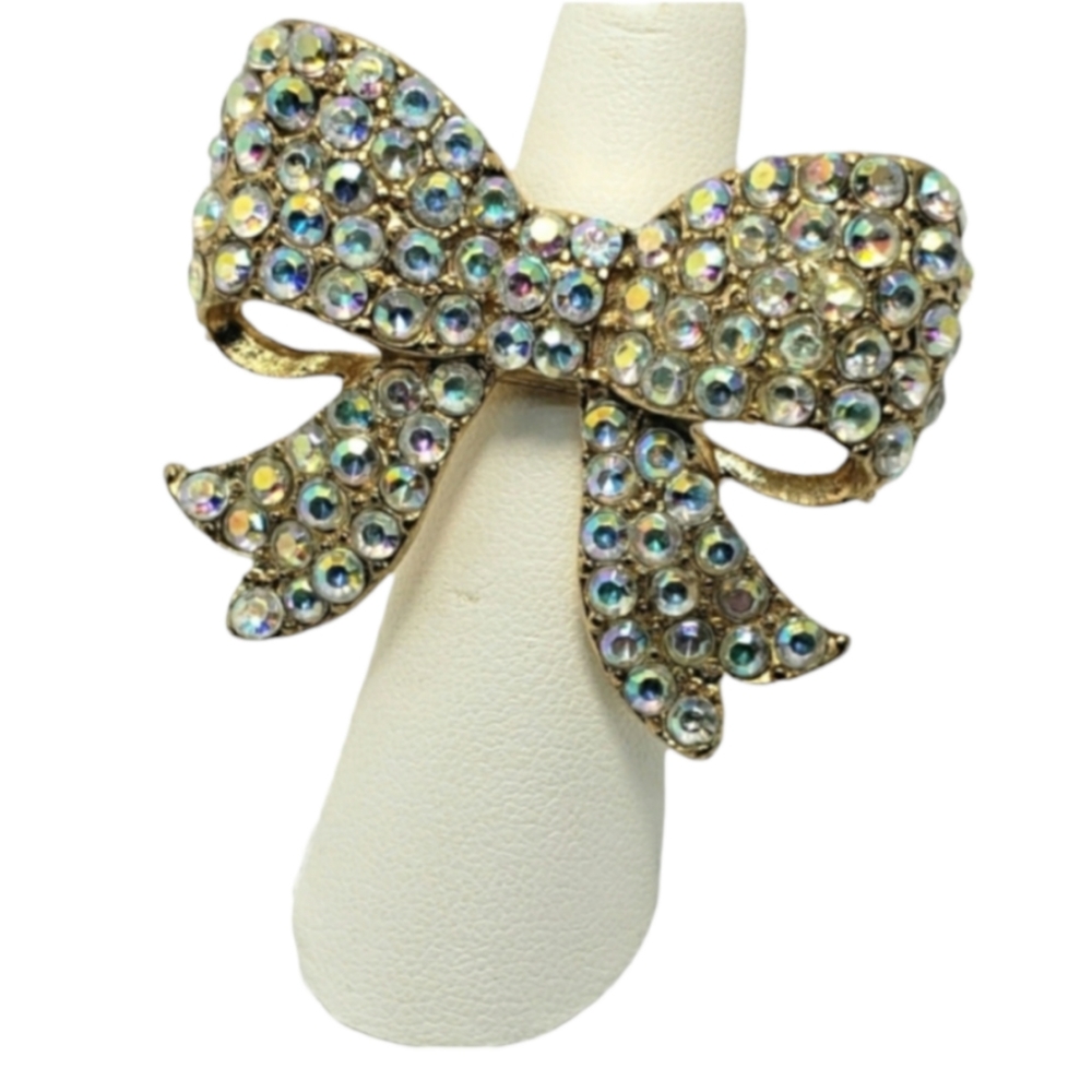Vintage Gold Plated Bow Stretch Ring with Rhinestones